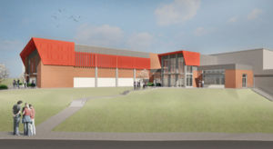 Architectural rendering of the proposed Marion Senior High School gymnasium entrance and surrounding outdoor area.