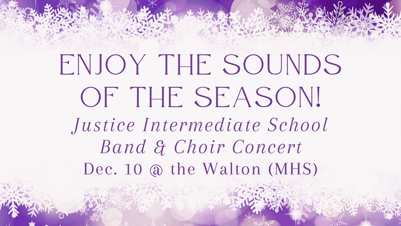 promo graphic - Justice Intermediate School band and choir holiday concert 2025