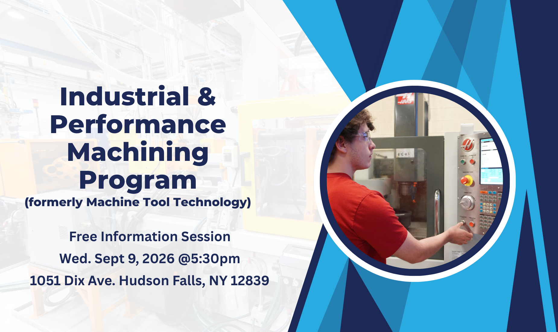Information session announcement for machining program with date and location details.