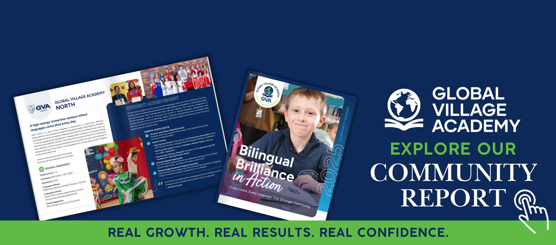 A brochure cover showcasing a student and text promoting a community report.