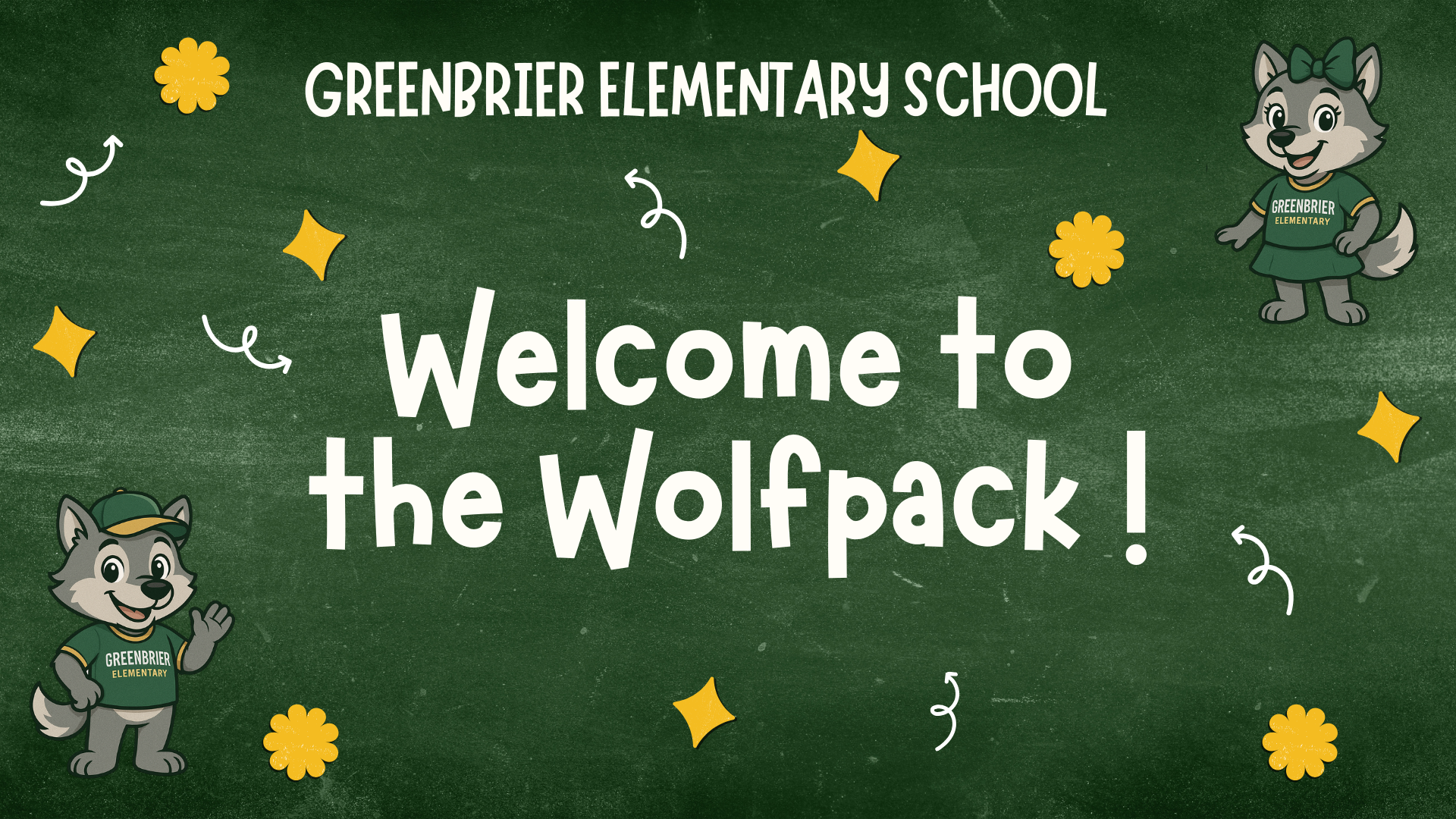 Welcome to Greenbrier Elementary School with a wolf mascot and decorative elements.
