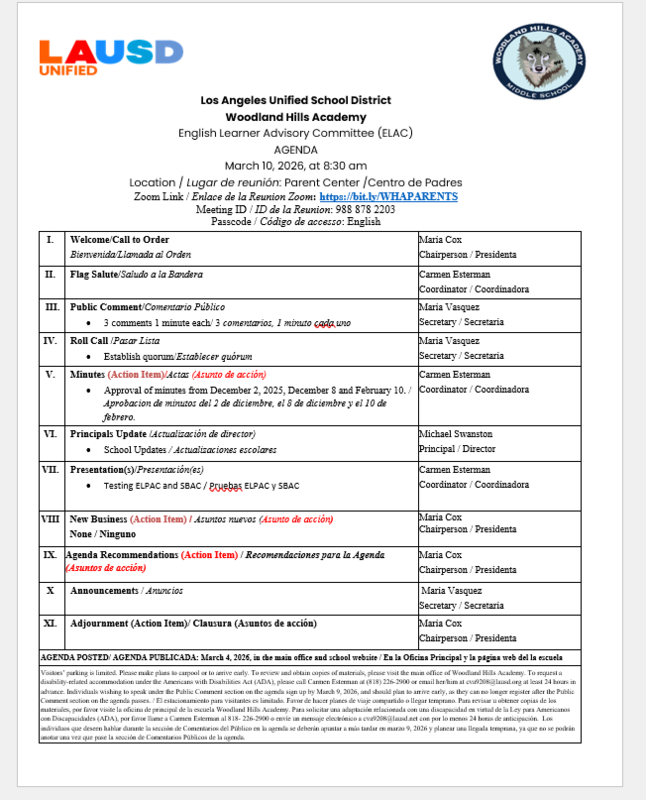 English Learner Advisory Committee (ELAC) Agenda - March 10, 2026 - 8:30 am - Parent and Community Center Featured Photo