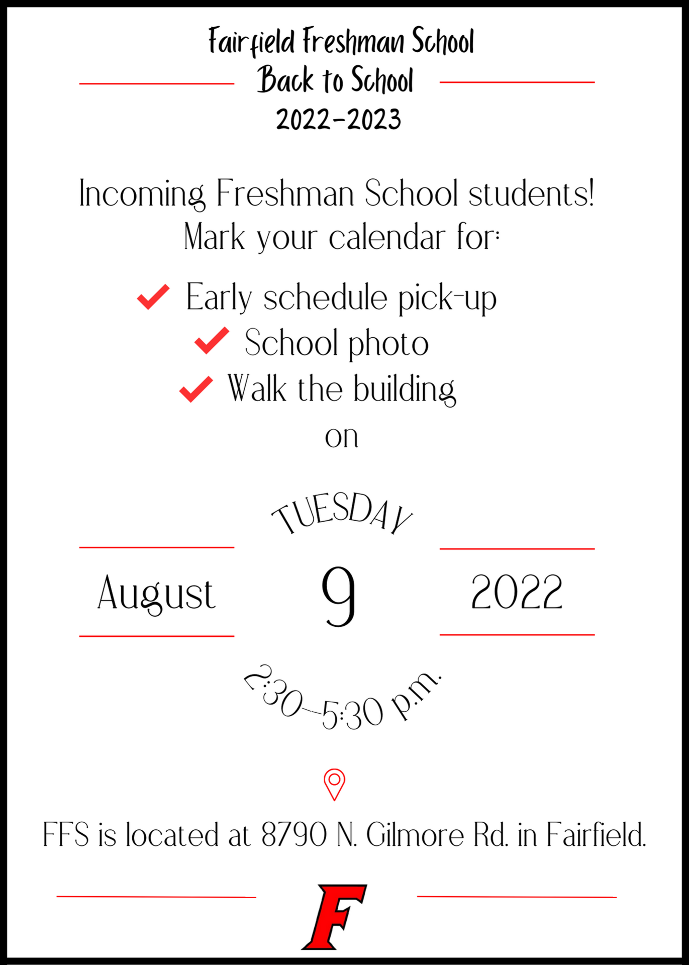 Flyer explaining Early Schedule pickup August 9 from 2:30-5:30.