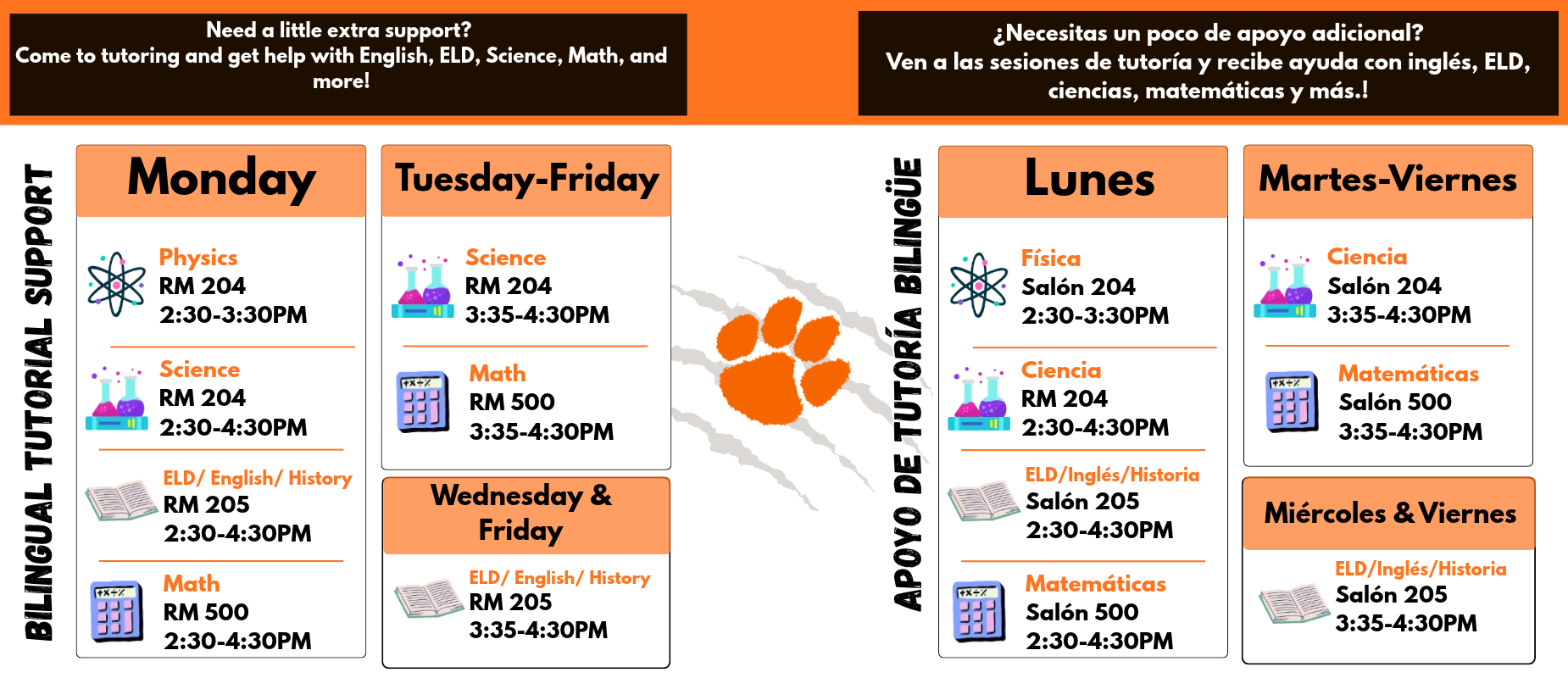 Tutoring schedule for bilingual support in English, Science, and Math.