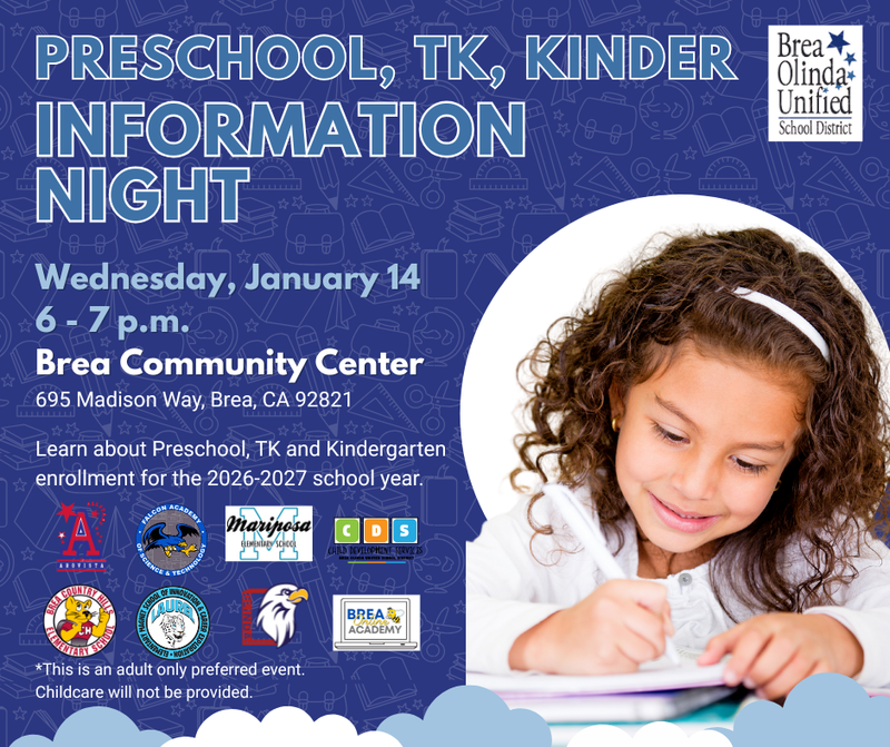 flyer with photo of young girl writing on a piece of paper. Details about the Preschool, TK and Kinder Info Night