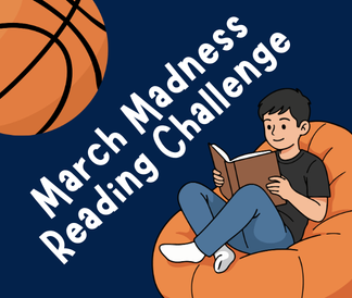 March Madness Reading Challenge Basketball and Student Reading in a Bean Bag Chair