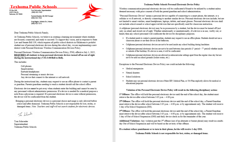TEXHOMA CELL PHONE POLICY FOR 2025-2026 Featured Photo