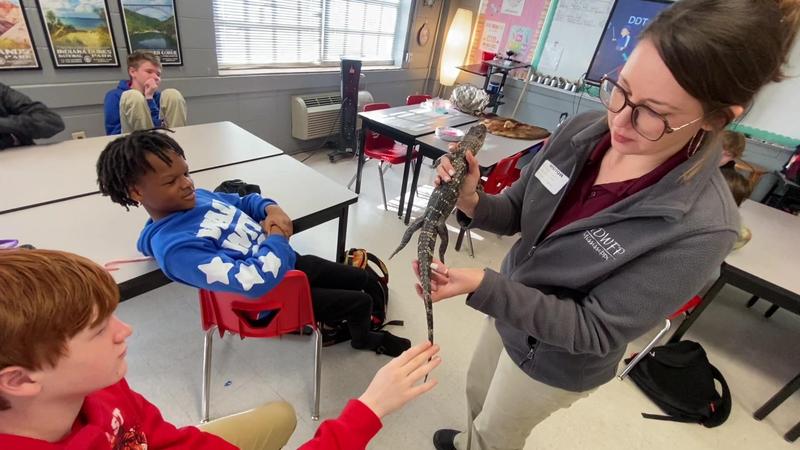 Southeast Middle School Natural Science Lesson: Students Petting a Baby Alligator Photo