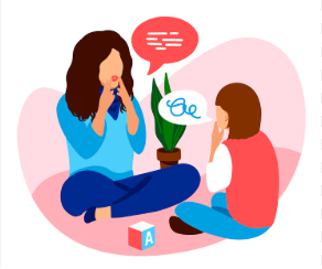 A woman and a child doing speech therapy with speech bubbles and a plant.