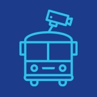 Blue image of a cartoon bus icon with a camera