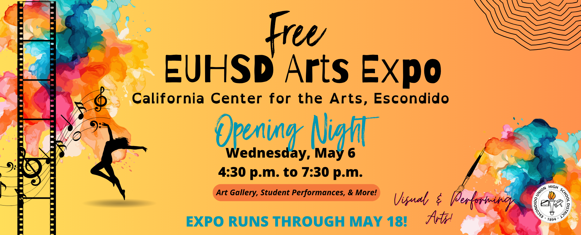Free EUHSD Arts Expo at the California Center for the Arts, Escondido. Opening Night is Wednesday, May 6 from 4:30 p.m. through 7:30 p.m. Art gallergy, student performances, and more! Expo runs through May 18.