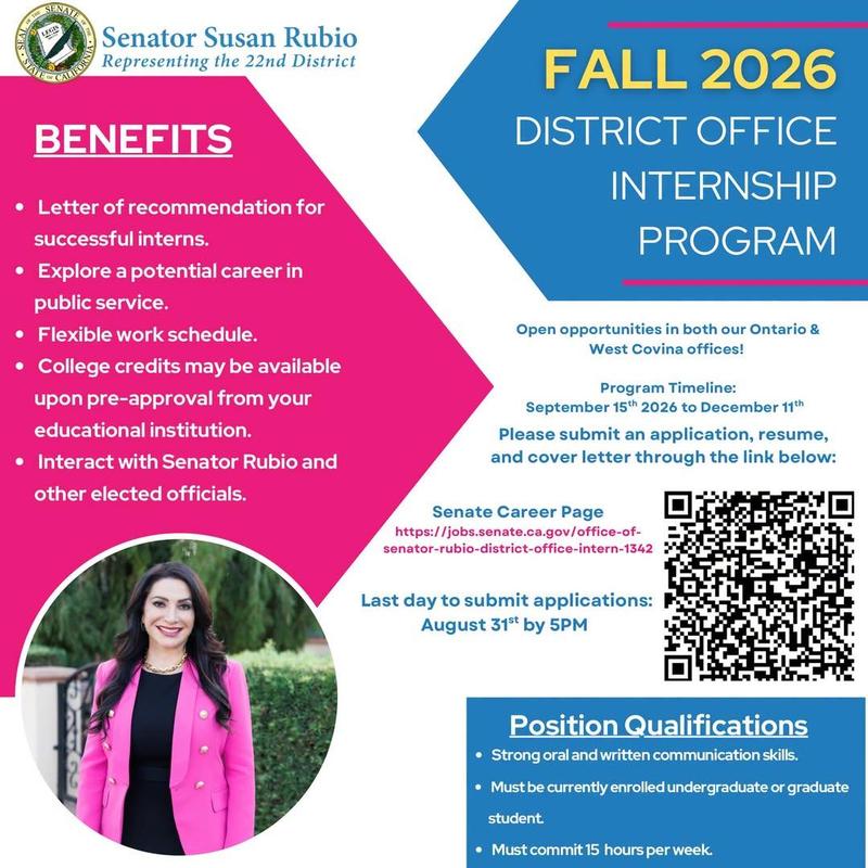 As an intern, you’ll gain hands-on experience in state government, sit in on meetings, do constituent casework, community engagement, and work alongside my team on the issues that matter most to our district. Successful interns will also have the opportunity to receive a letter of recommendation. A commitment of 10–16 hours per week is required, with a flexible schedule that can work around your classes. College credit may also be available. Applications are due August 31 at 5:00 p.m. Apply through the Senate Career Page provided.