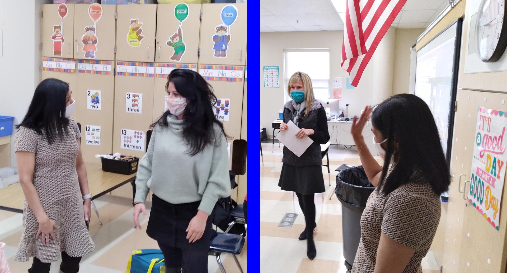 Two-tile photo, superintendent talking to teachers