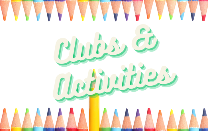 image that contains 2 rows of colored pencils and a sign that says "clubs and activities"