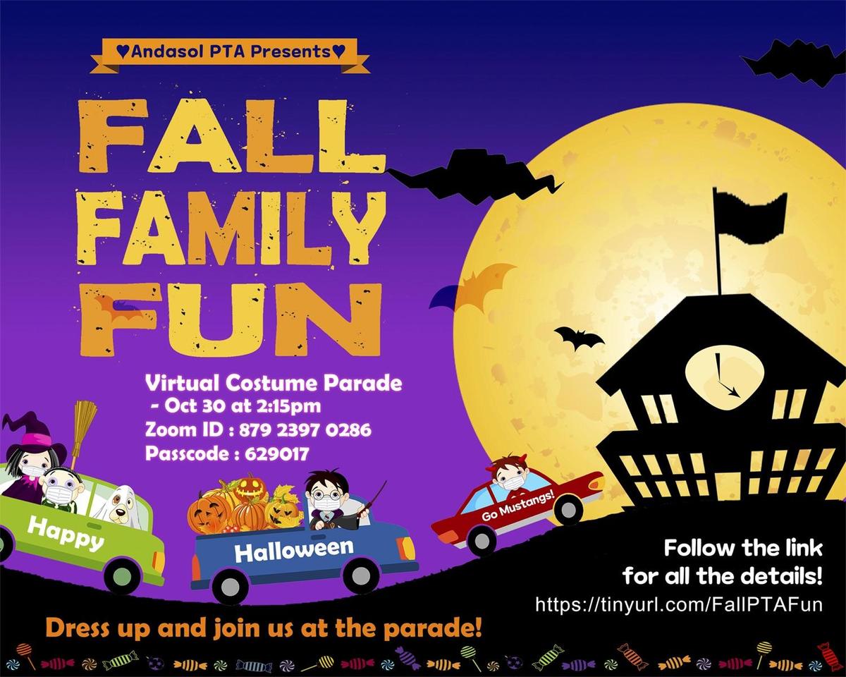 People wearing masks and costumes in cars driving towards a school building in shadow. There is a full moon behind the school building and bats flying around. Candy runs along the bottom.