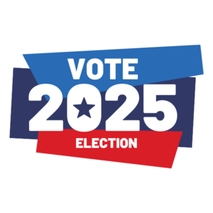 Bold graphic displaying 'Vote 2025' with star and election colors.