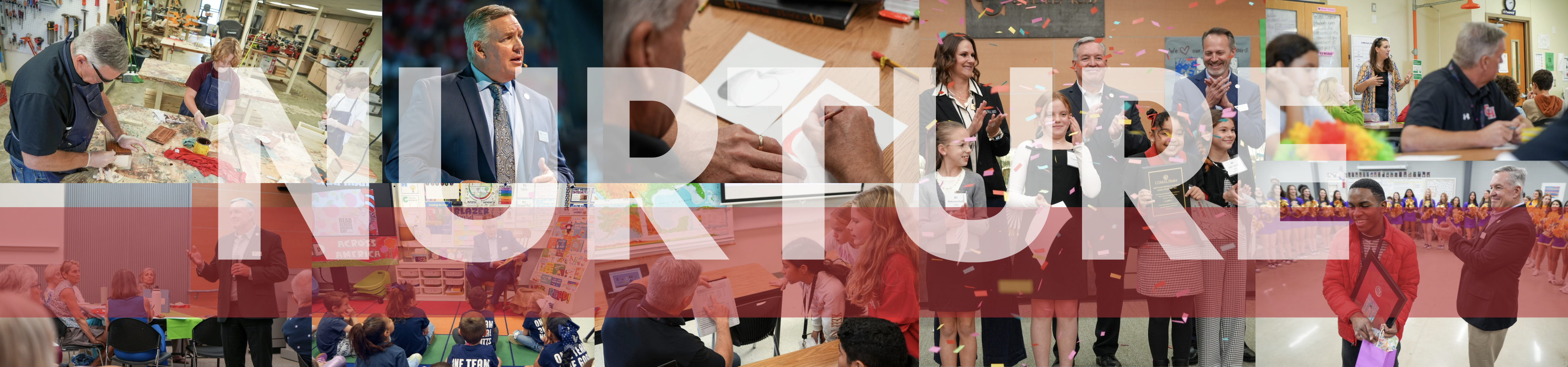 Superintendent nurture banner. collage of photos of the superintendent with students and staff members.