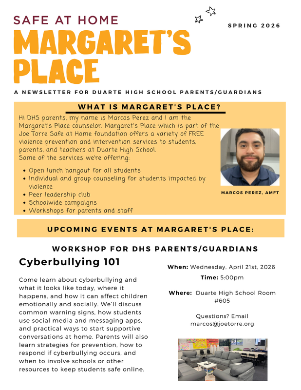 Newsletter for Duarte High School parents about services and events.