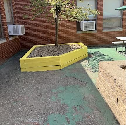 old courtyard cement has exposed areas where paint has chipped off