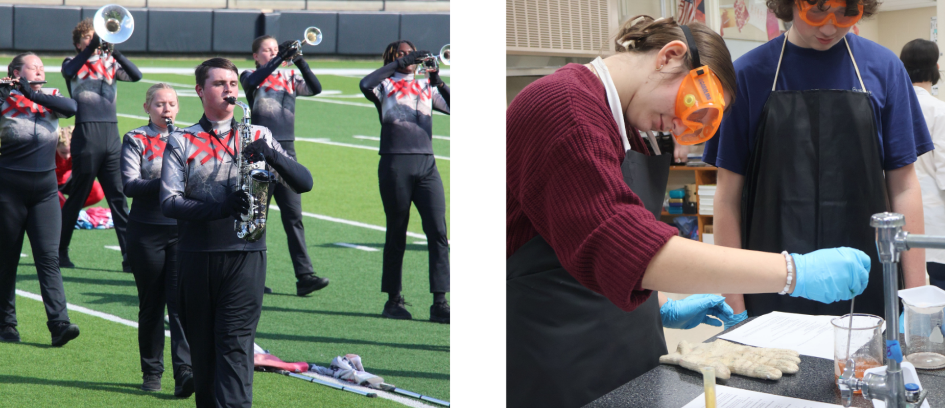 Photos of the Dragon Band performing and of a student conducting a science experiment.