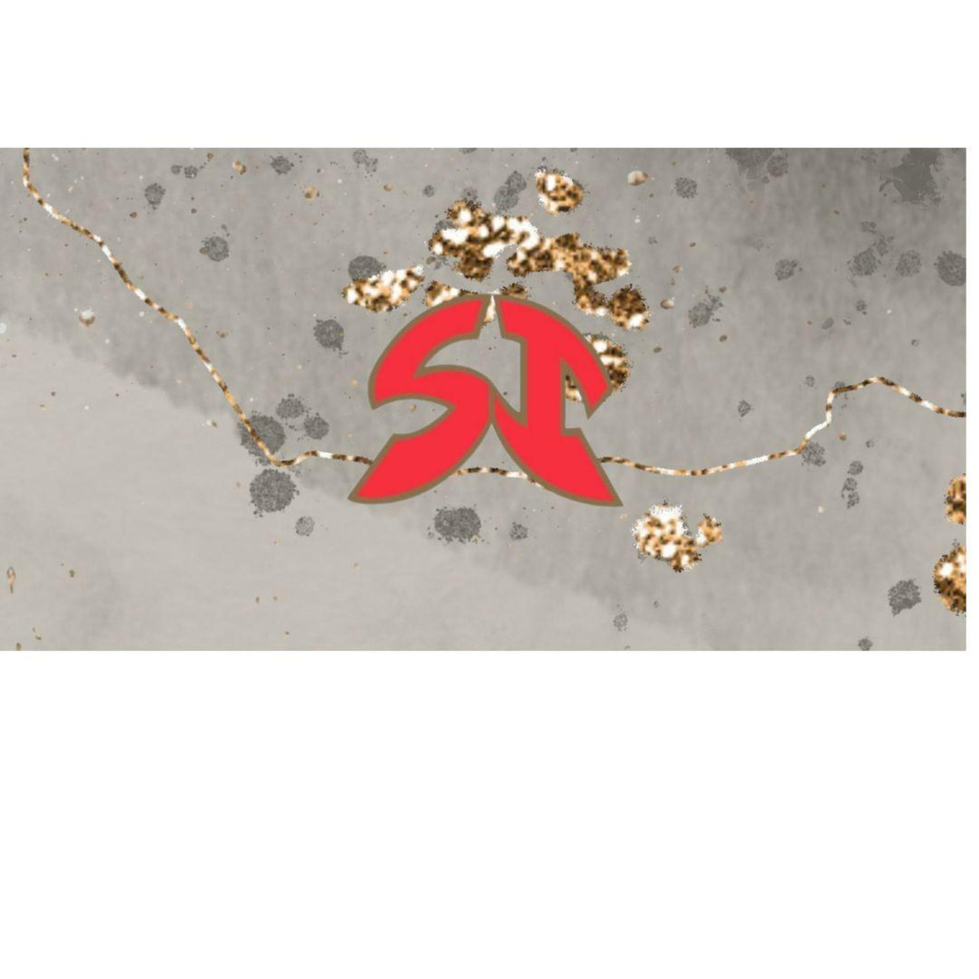 Red stylized logo on a textured gray and gold background.