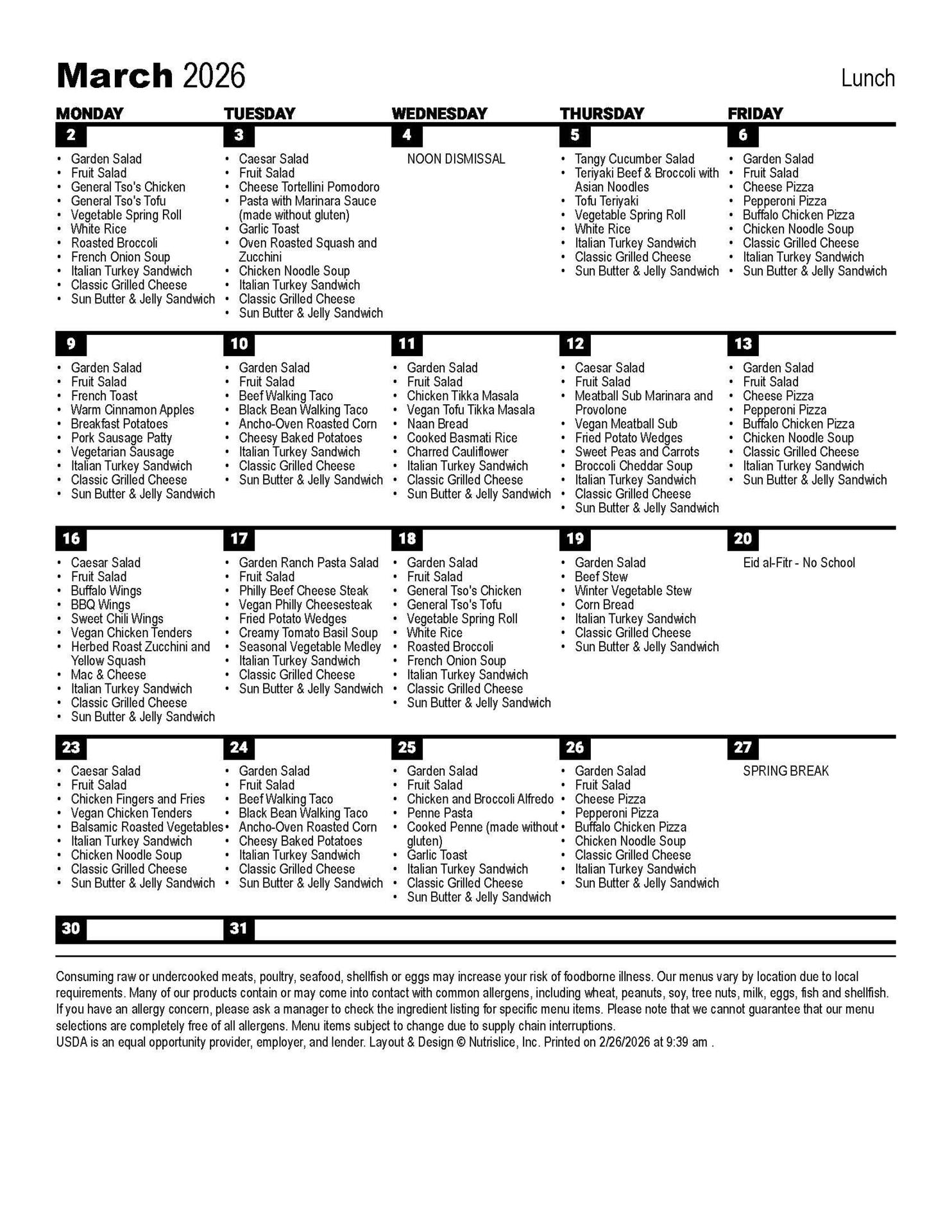 March 2026 Lunch Menu
