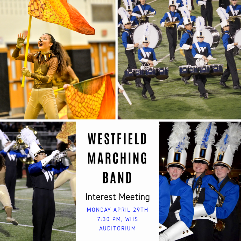 Photo montage announcing meeting for students interested in WHS Marching Band.