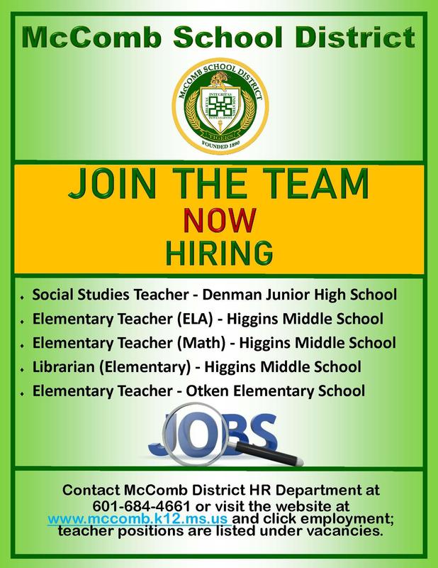 McComb School District Posts Jobs Summer 2019