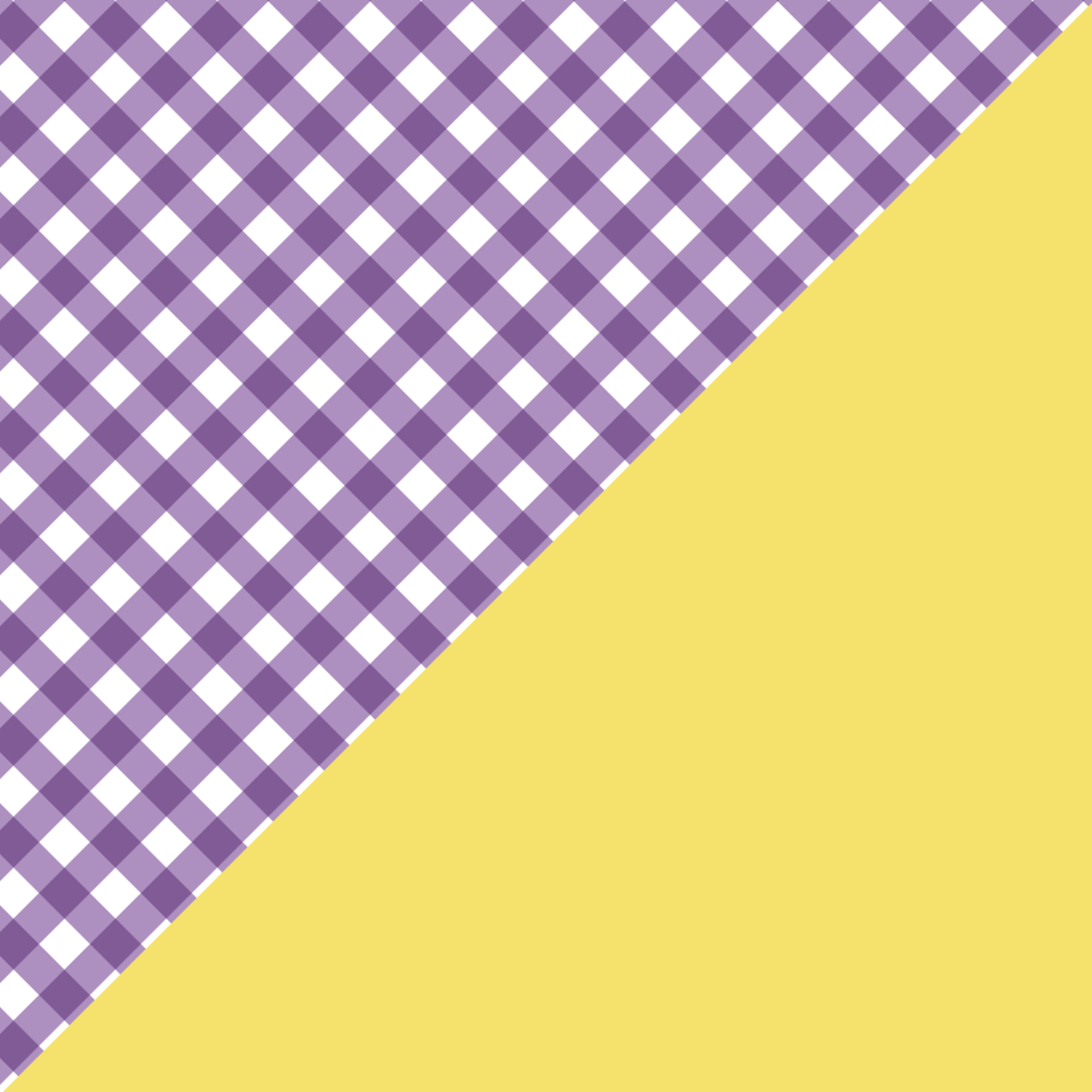 Diagonal purple and white checkered pattern with a yellow triangle.