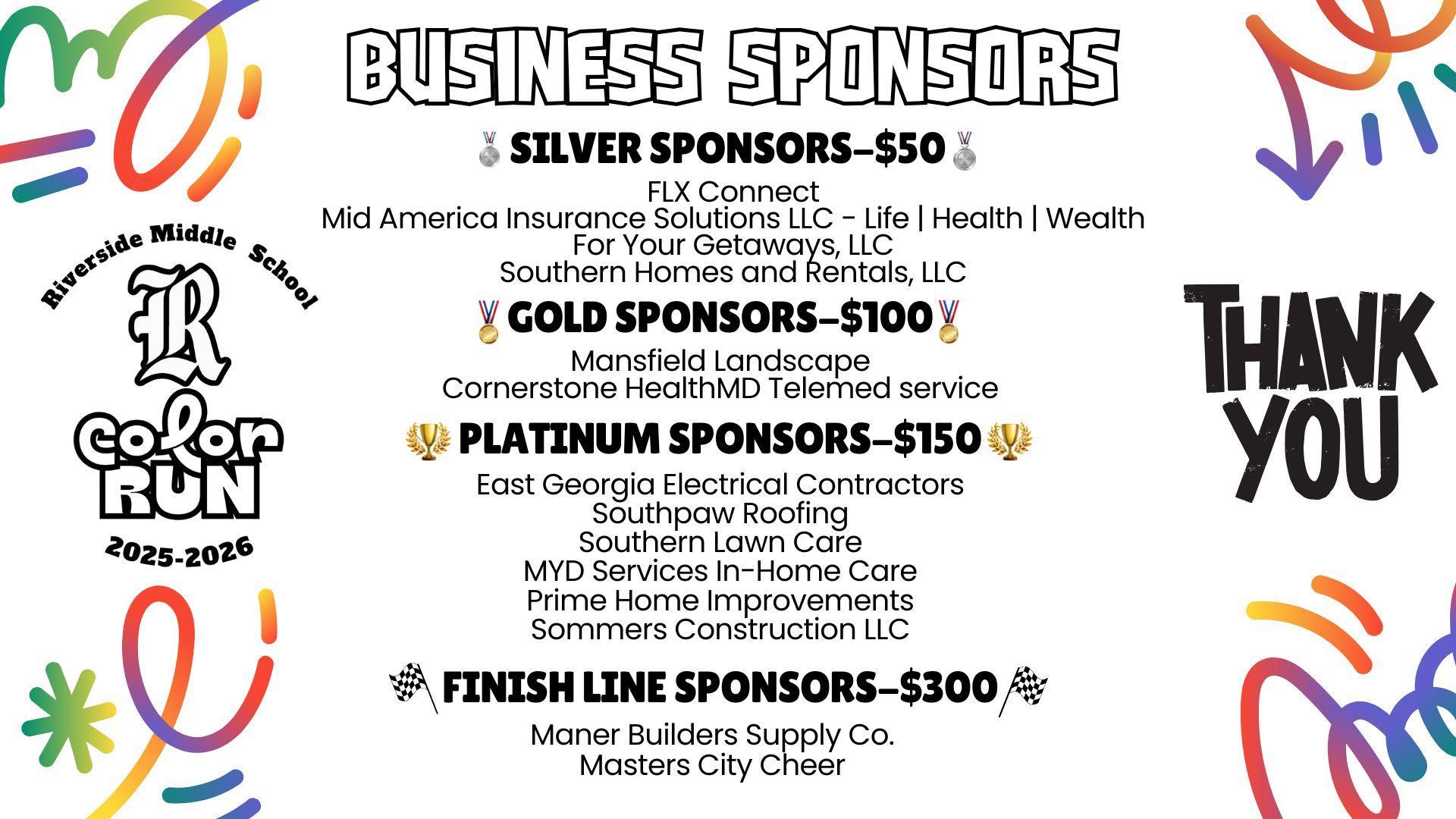 List of business sponsors for the Riverside Middle School Color Run event.