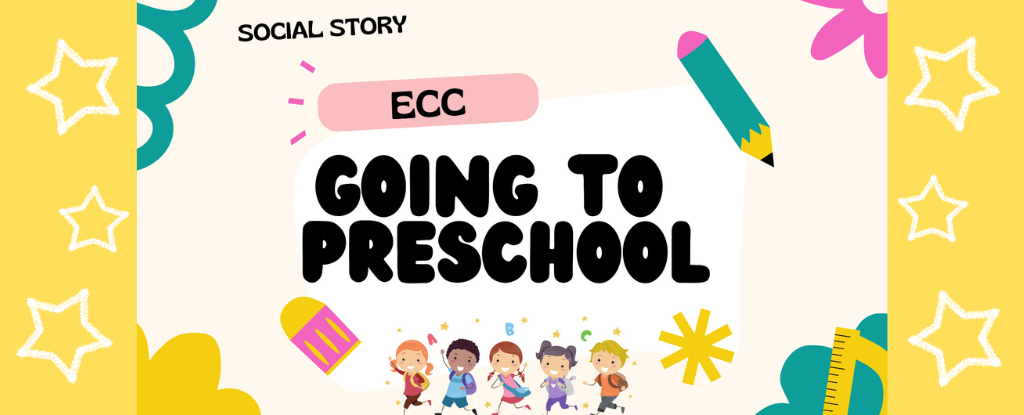 Colorful illustration promoting preschool with children and educational icons.