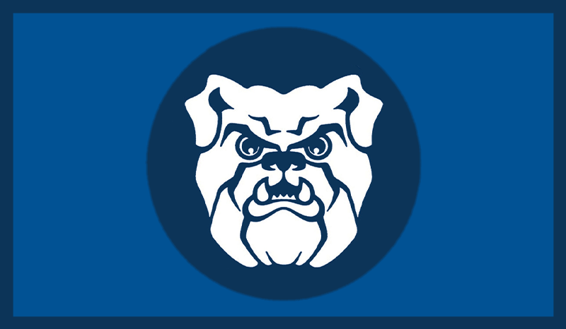 Logo featuring an aggressive bulldog face on a blue background.