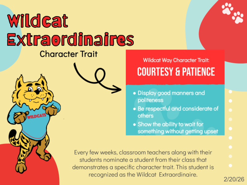 yellow background with red and aqua shapes, student pictures