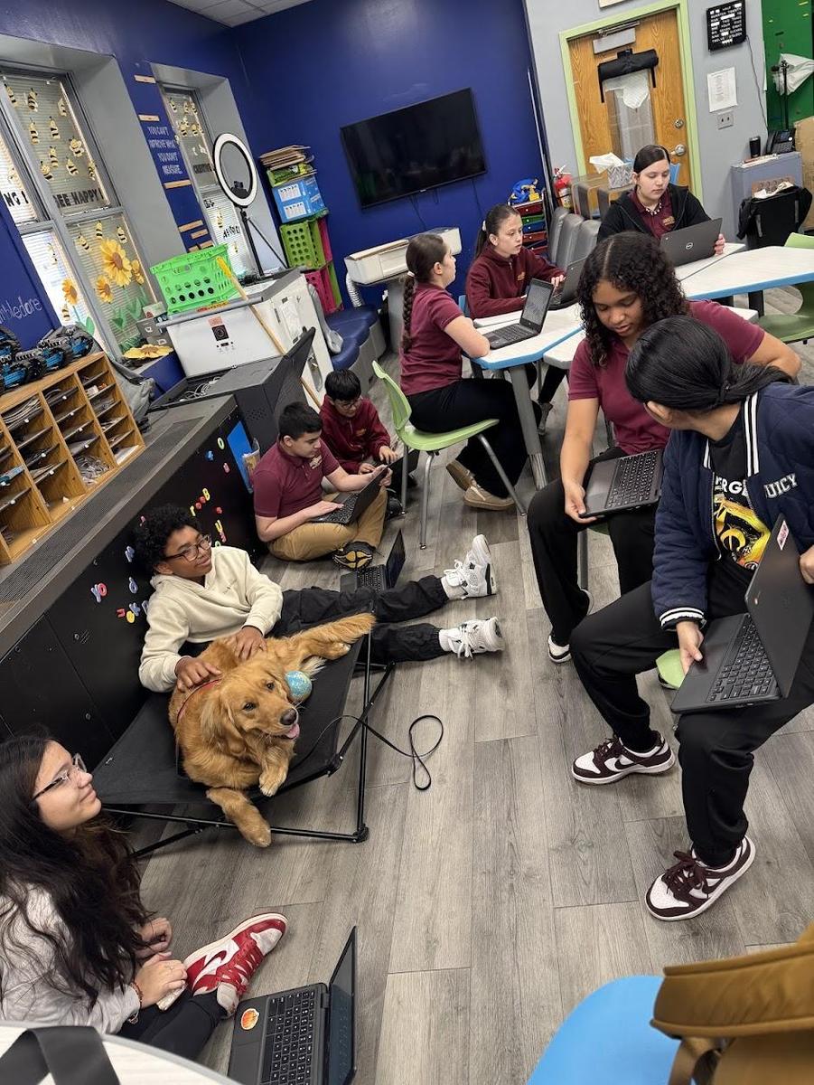 golden retriever with students in classroom on chromebooks