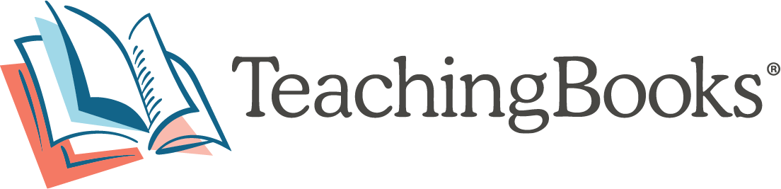 Logo for TeachingBooks featuring an open book illustration and text in gray.