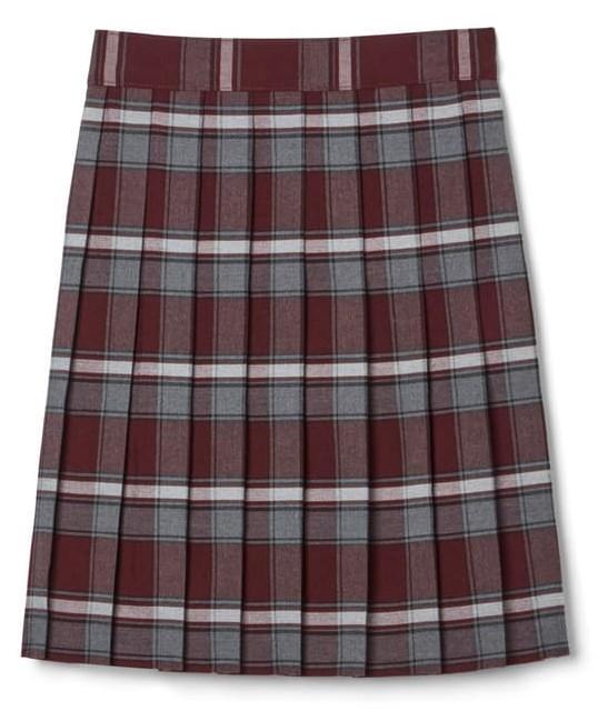 Red and gray plaid pleated skirt.