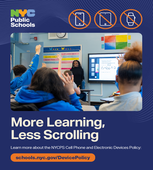 Graphic with banned electronic device icons. Image of children smiling in the classroom. Text reads, 