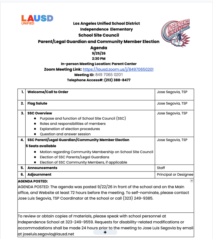 Parent/Legal Guardian and Community Member Election Agenda