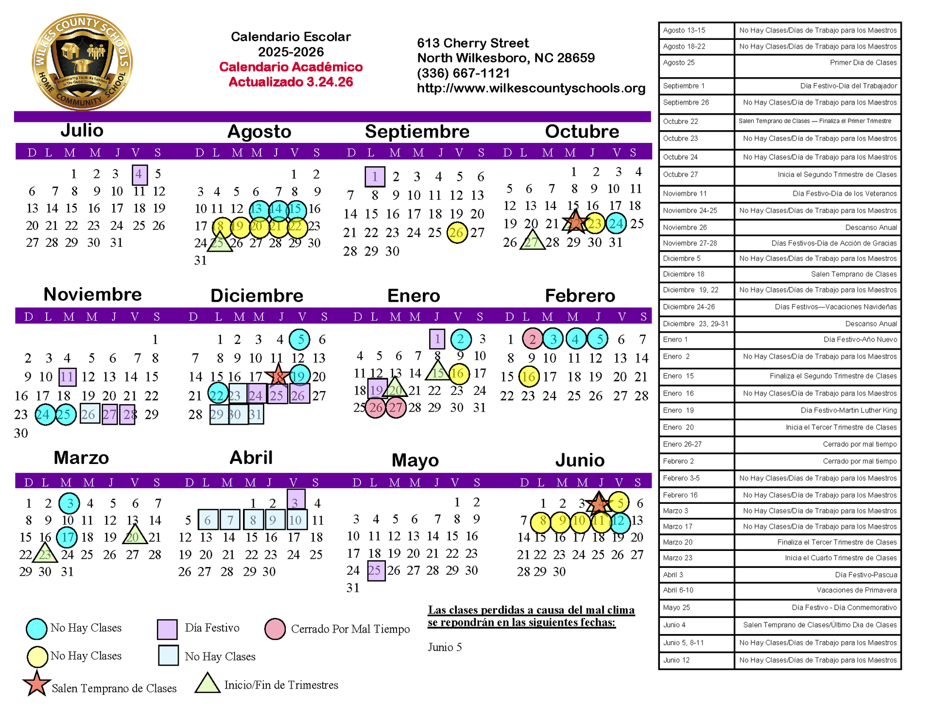 2025-2026 WCS Spanish Academic Calendar. Fully accessible text version is provided below.