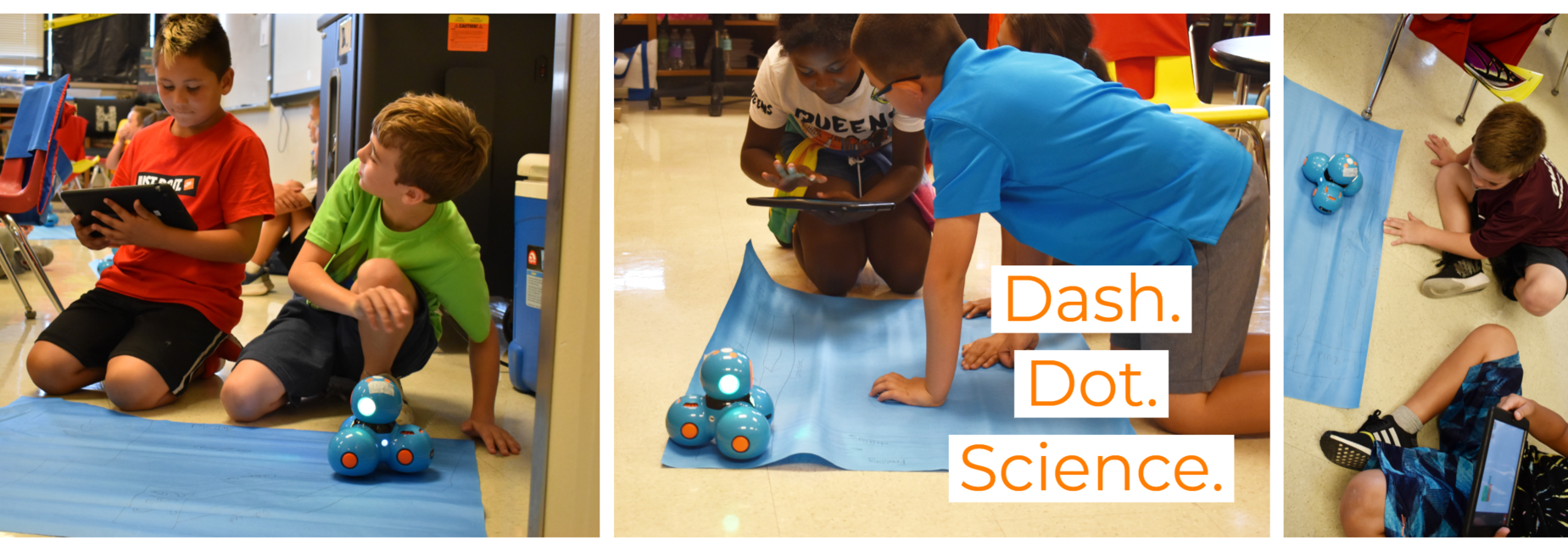 Elementary boys and girls navigate Dash and Dot