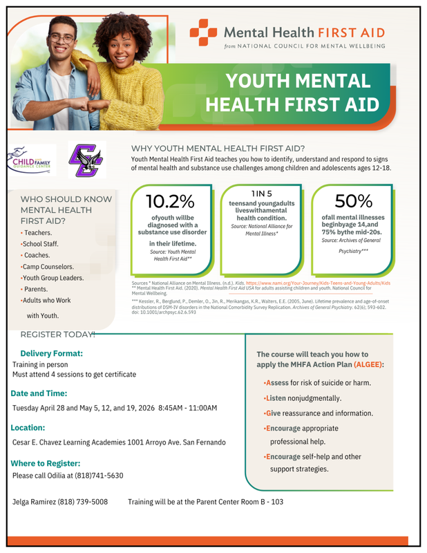 Youth Mental Health First Aid Workshops / Talleres de Primeros Auxilios de Salud Mental de Jovenes