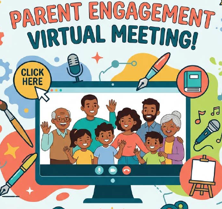 Illustrative image of a family on a computer screen, waving hi.