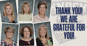 school photos of librarian and aides with thank you