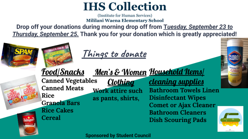 IHS Flyer describing the week of the event and different items to bring