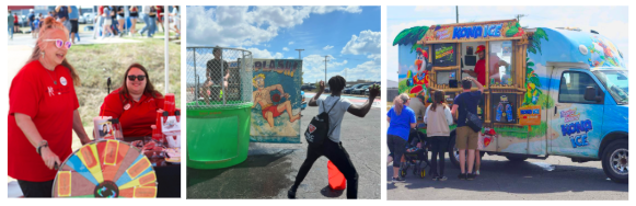 Families enjoying the festivities at Founders Day with Mathnasium spinning wheel, Kona Ice, and more