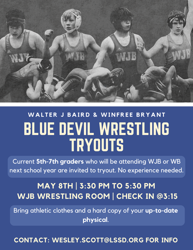 WJB and WB Blue Devil Wrestling Tryouts Graphic