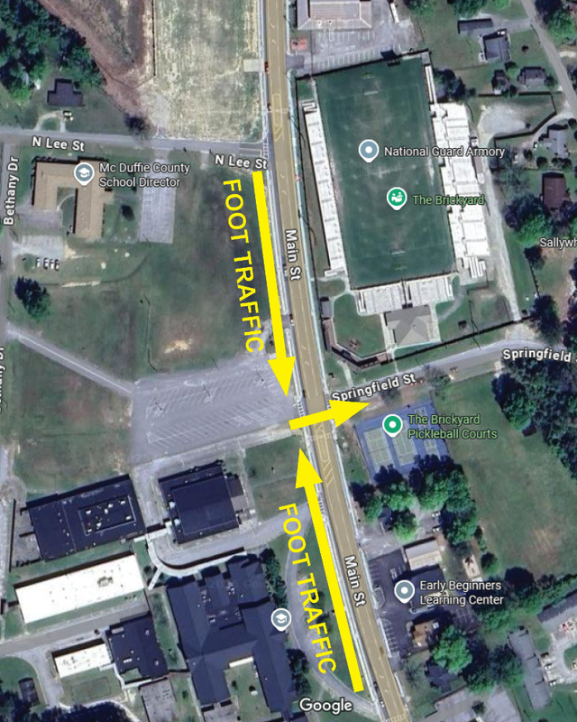 Map displaying foot traffic pattern crossing Main Street at Springfield Street.