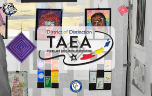 Art display featuring various student artworks and a prominent logo.