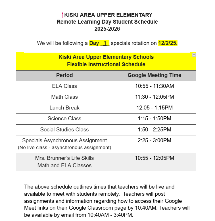 Flexible Instruction Day 1 Schedule and Instructions - 12/2/2025