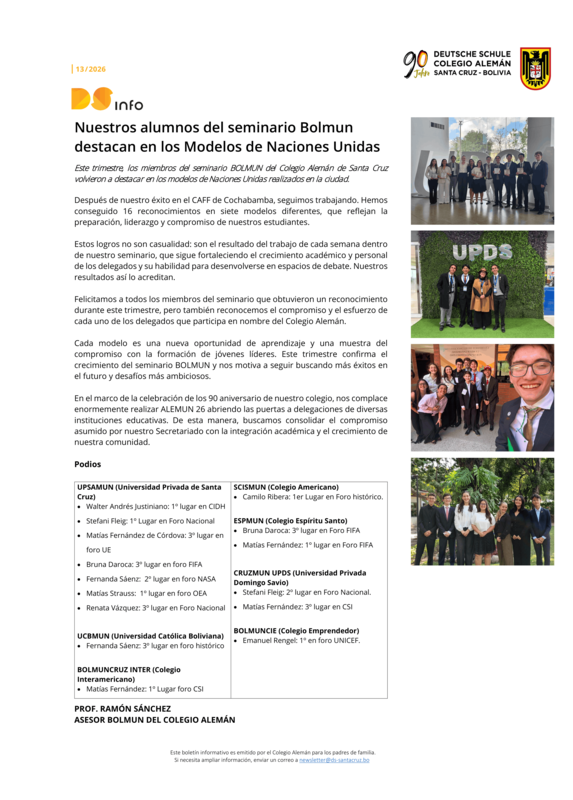 DS-info #13 - 2026: Nuestros alumnos del seminario Bolmun destacan en los Modelos de Naciones Unidas Featured Photo